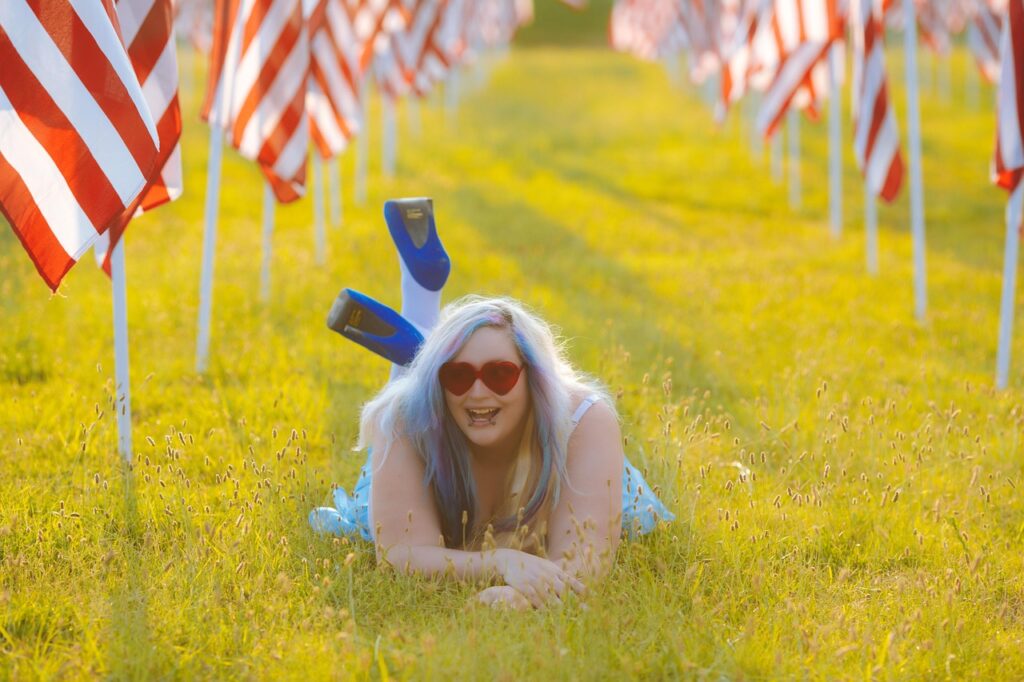 woman, fashion, nature, united states, american flags, female, model, plus-size model, sunset, portrait, fourth of july, july 4th