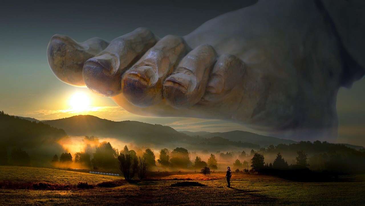 fantasy, surreal, god, foot, power, strength, superiority, deity, big, gigantic, mystical, nature, force of nature, fairytale, composing, eve, photomontage, sunset