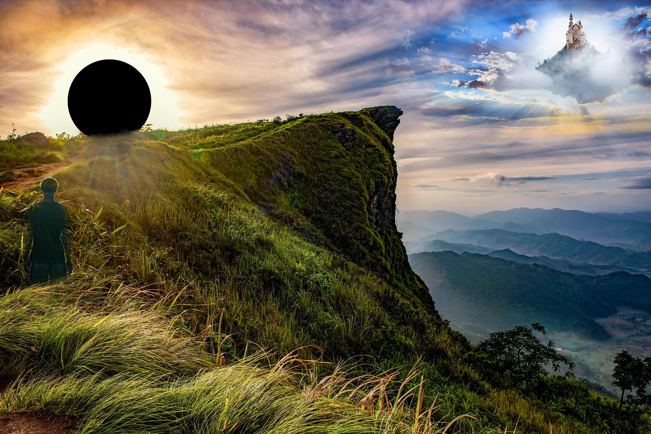 path, cliff, nature, void, mountains, fantasy, sky