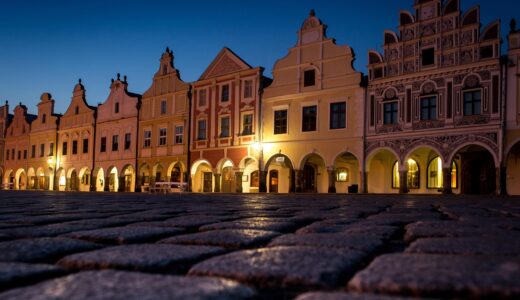 square, old, night, night sky, city, architecture, czechia, telč, lights, houses, urban, buildings, nature, historical, center, sky, cities, building, historically, evening, europe