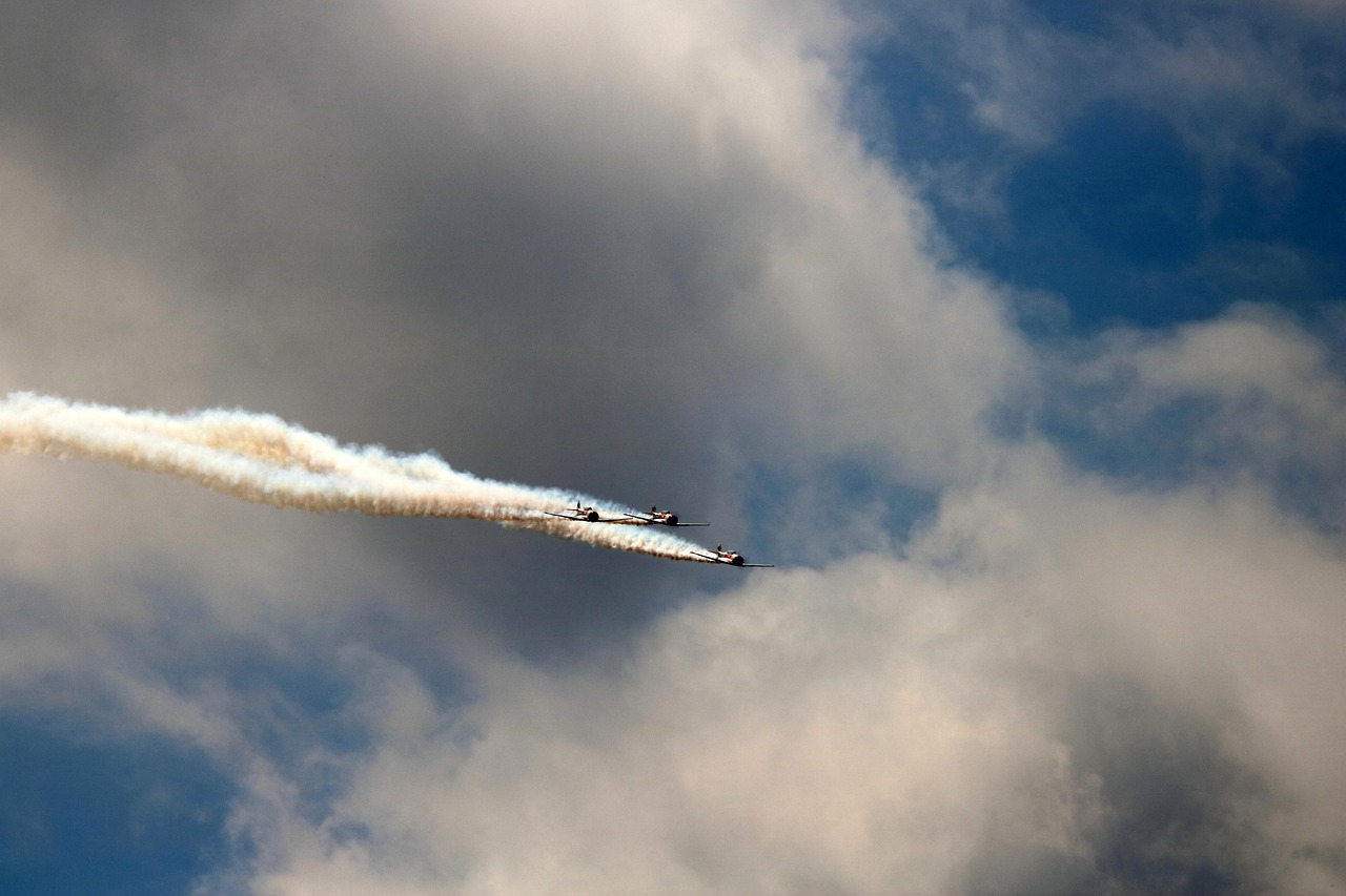air show, display, aerobatics, formation, precision flying, harvards, clouds, nature, trailing smoke, north american t-6 texan, south africa