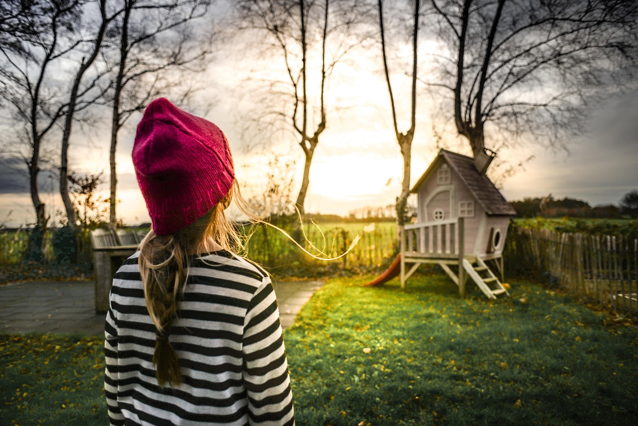 girl, childhood, garden, backyard, nature, evening, child, people, little, young, outdoor, striped, cap, kid, play, playing, watching, looking, play house